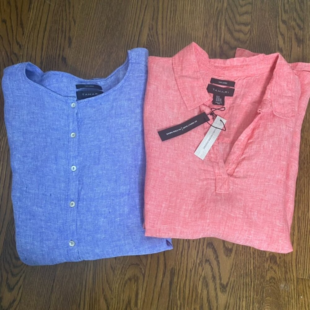 (2) Tahari linen tunic tops blouse 3X blue/peach women's NEW